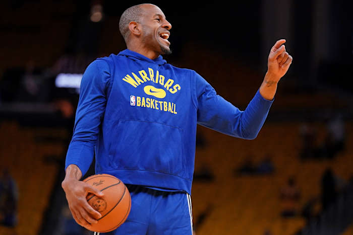 Jun 2, 2022; San Francisco, California, USA; Golden State Warriors forward Andre Iguodala (9) reacts during warm ups before game one of the 2022 NBA Finals against the Boston Celtics at Chase Center. Mandatory Credit: Cary Edmondson-USA TODAY Sports